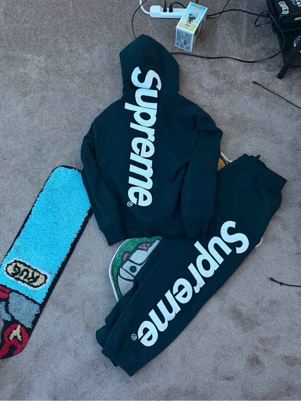 Supreme Black Hoodie & Sweatpants Set with Large White Logo